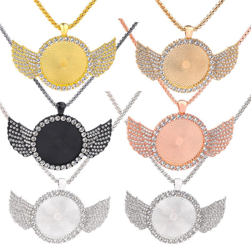 Wholesale High Quality 30mm Round Wings Hip Hop Necklace Pendant Charm Gem Pendant Tray for DIY Necklace Jewelry