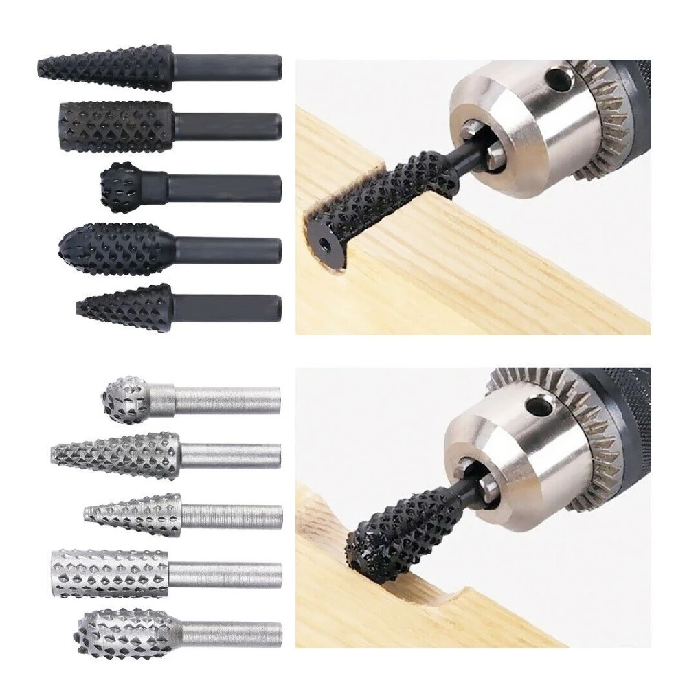 5pcs Rasp File Drill Bits Drill Grinder For Woodworking Carving Tool 1/4