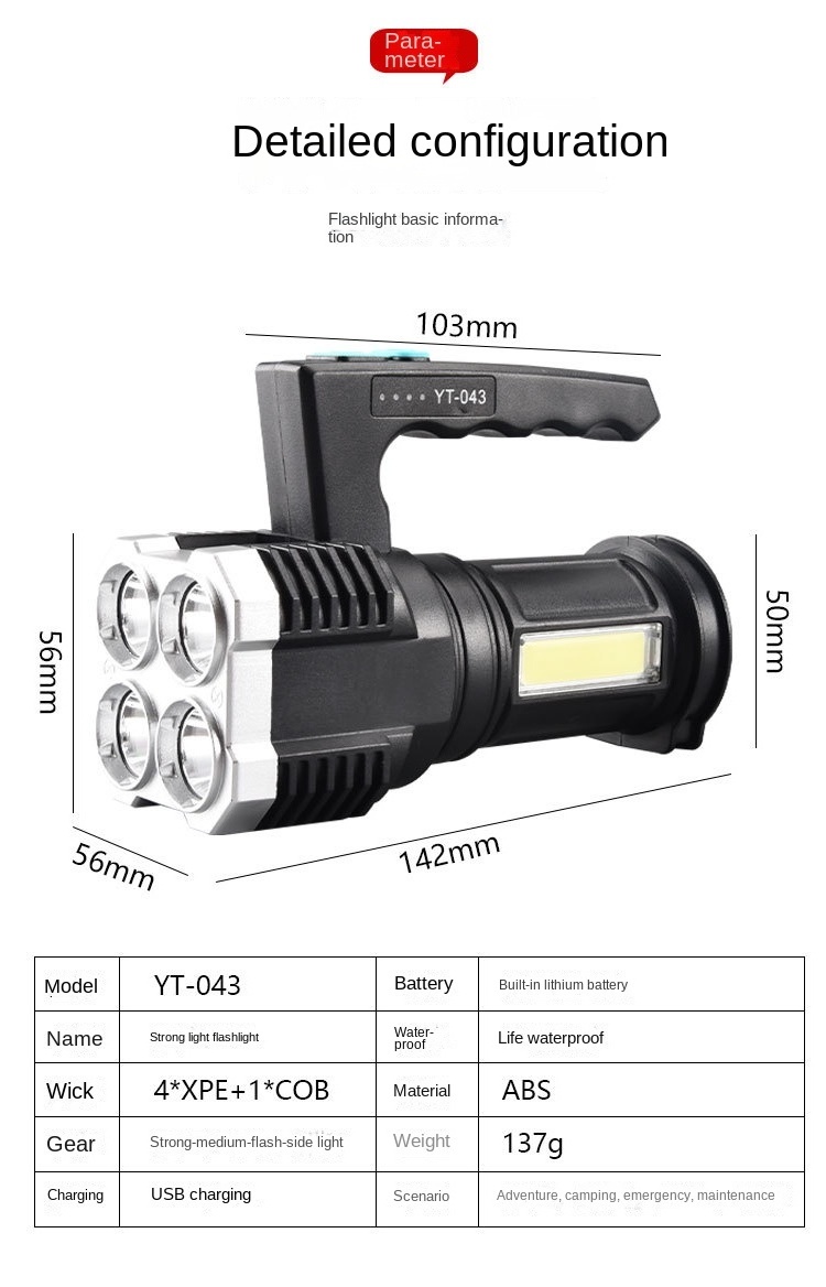 RTS Powerful Flashlight USB Rechargeable Handheld Lantern Camping Portable Lamp Built in Battery Lighting COB 4 LED Flashlight