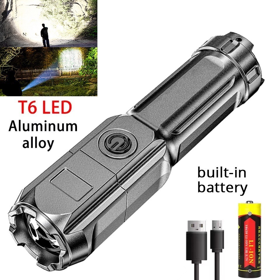 Outdoor Portable Zoom Flashlight Strong Light Rechargeable Household Durable Long-range Ultra-bright Led ABS Flashlight