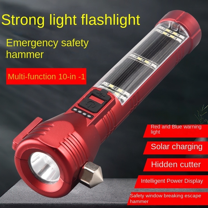 RTS Multifunctional 8 In 1 Safety Hammer  LED Torch Light Solar Power Usb Charging Escape Rescue Outdoor Emergency Flashlight