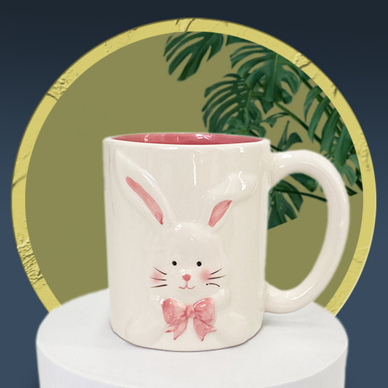 On Sale Ceramic 3d Rabbit Couple Mug White Pink Coffee Mug Handmade With Wholesaler