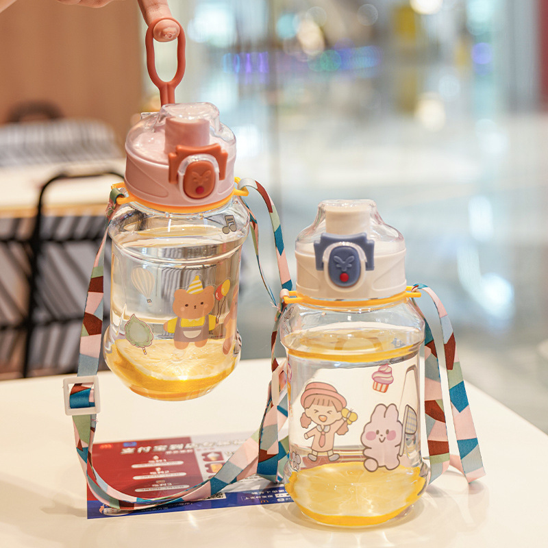 Hot sale new Plastic Cup Children's Carrying Strap Straight Drinking Cup One Button Snap Cap Cute Cartoon Water Bottle