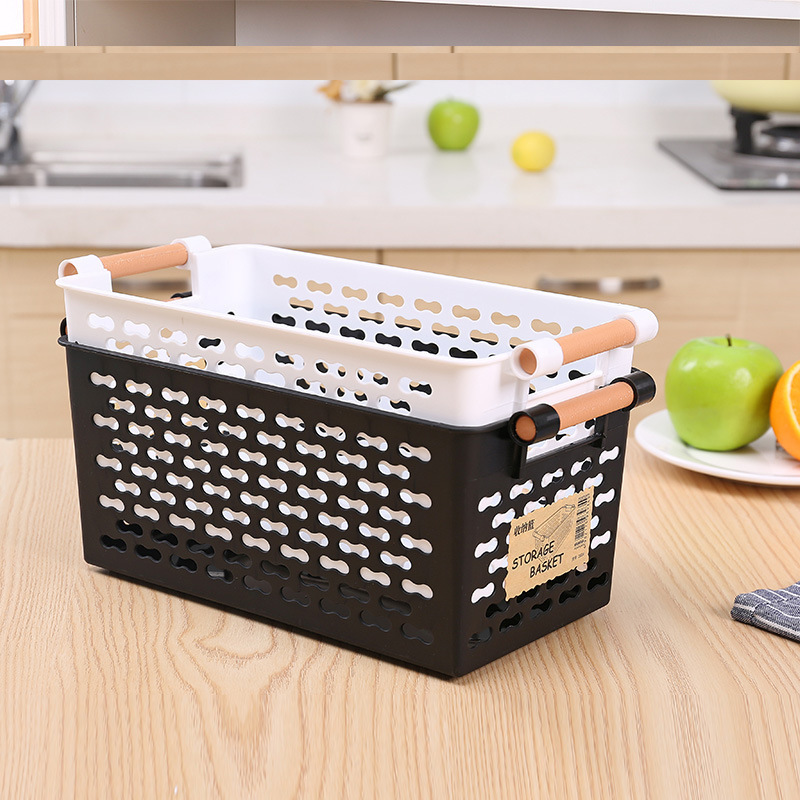 2023 Plastic Under Cabinet Hollow Storage Basket Organizer Bin with Wooden Handles