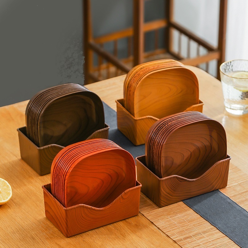 2023 New Wood 12pcs set Design Home Snack Cake Dessert Plate Unbreakable Plastic Square Dinner Plate Tray Set With Hoder