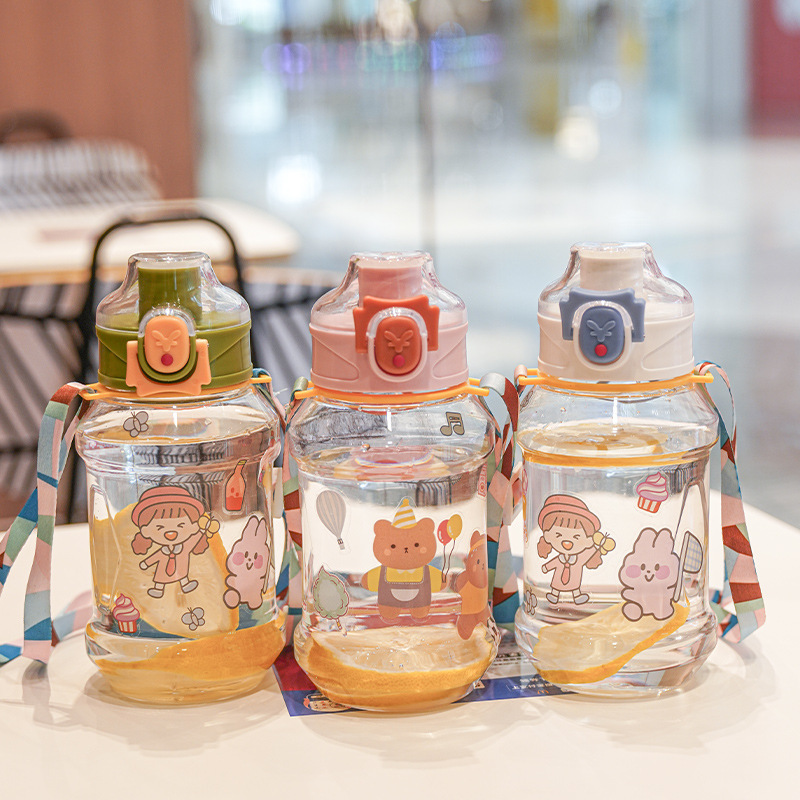 Hot sale new Plastic Cup Children's Carrying Strap Straight Drinking Cup One Button Snap Cap Cute Cartoon Water Bottle