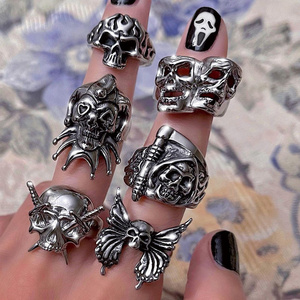 Wholesale gothic exaggerated clown grim reaper ring female retro fashion playing card skull ring