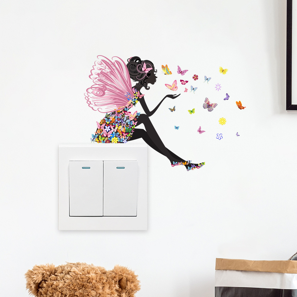 Wholesale Creative Flower Fairy Switch Wall Sticker for Living Room Bedroom Decorations Cute Stitch Paster Decor