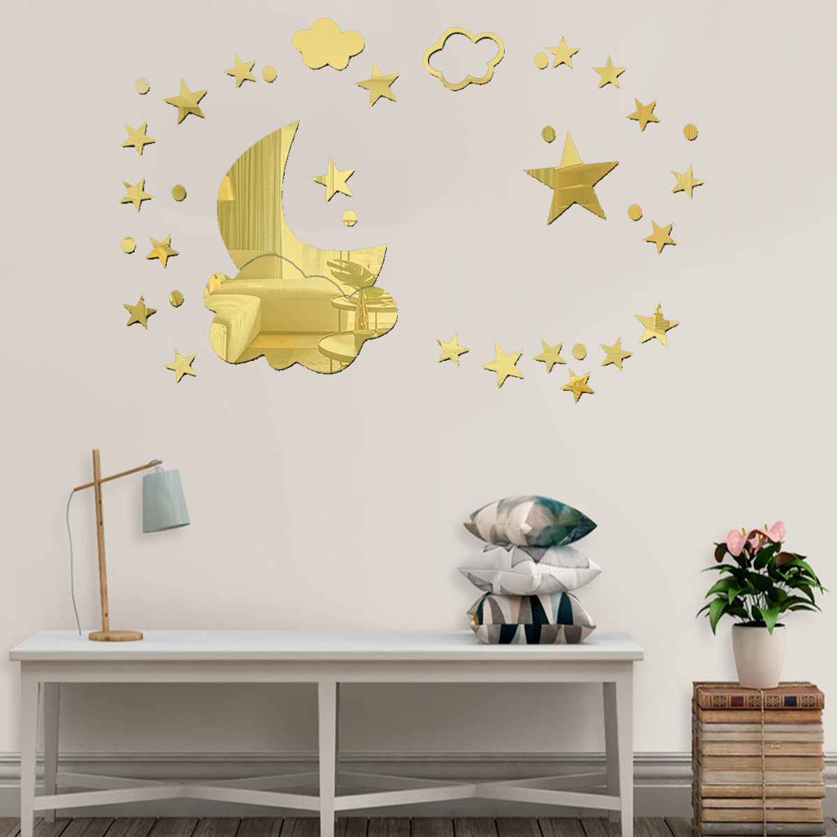 Wholesale 3d Moon Star Cloud Mirror Wall Stickers for Bedroom Living Room Decorations Romantic Waterproof Acrylic Paster Decor