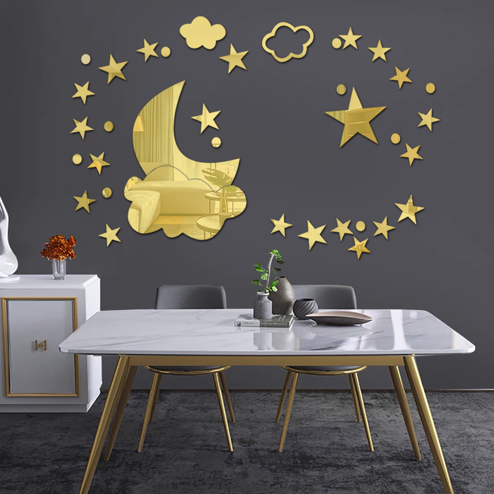 Wholesale 3d Moon Star Cloud Mirror Wall Stickers for Bedroom Living Room Decorations Romantic Waterproof Acrylic Paster Decor