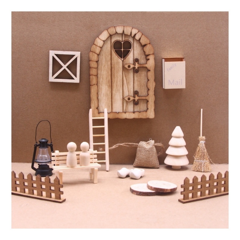 New Model Hot Selling Christmas Accessories Include Miniature Wooden Door Broom Stool And Fence Play House Simulation