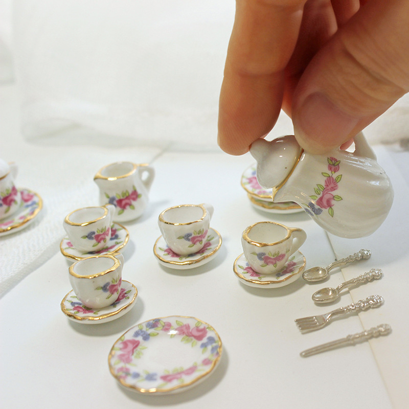 Modern Latest Custom Made Doll House Miniature Tea Sets Ceramic Mini Tea Set And Cup Porcelain  Mini Toy Kitchen Accessories