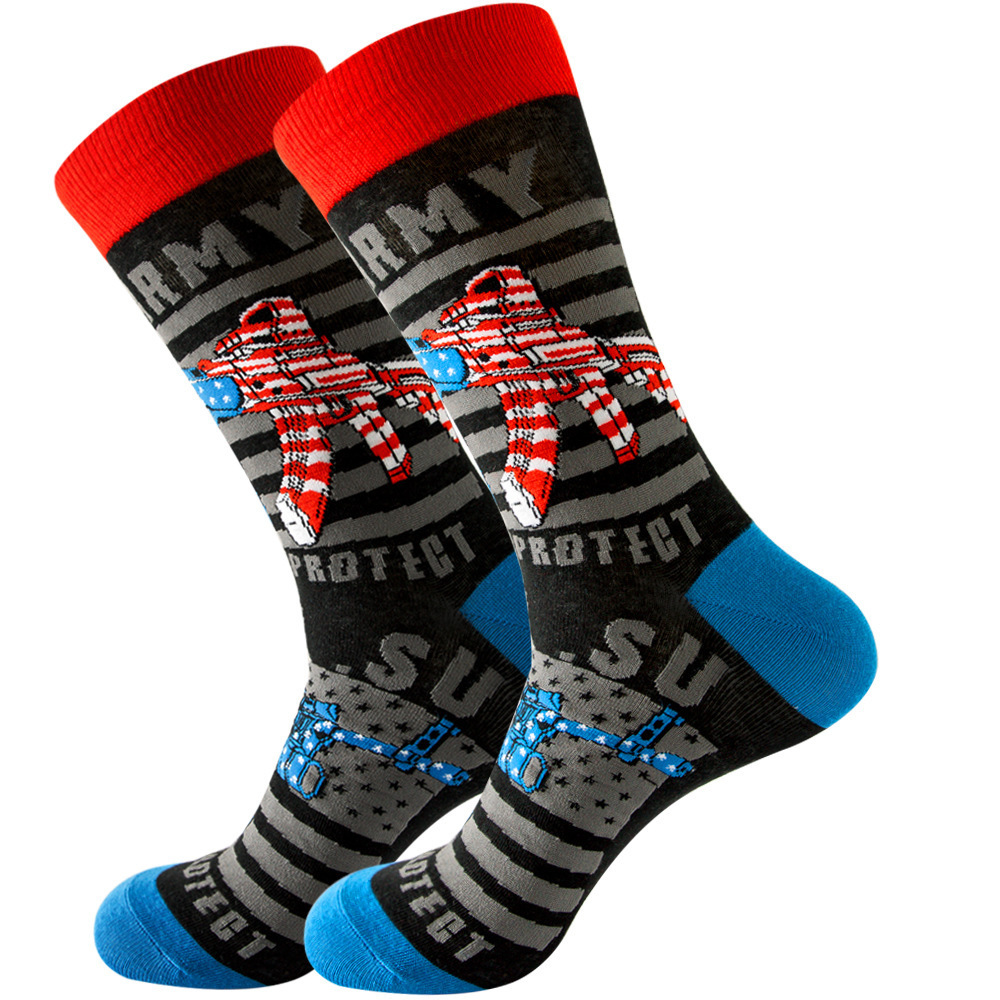 New Designs Professional Happy Soldiers Fighting Gun Bullets Custom Colorful Jacquard Funny Socks Cotton Crew Women Man Socks