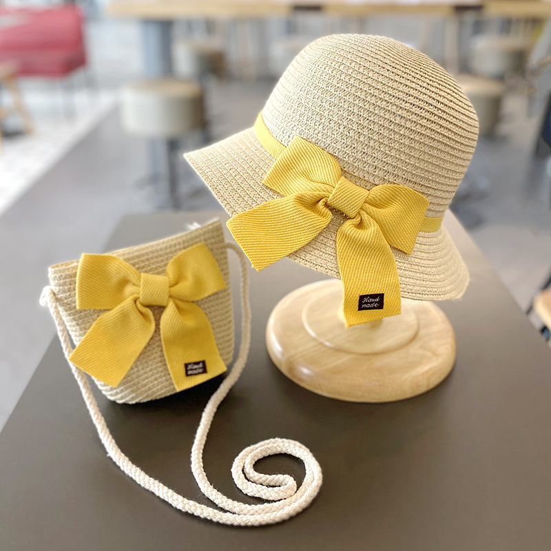 summer kids adults hat wide brim floppy beach sun visor hat with bow straw hat with bags baby adults accessories