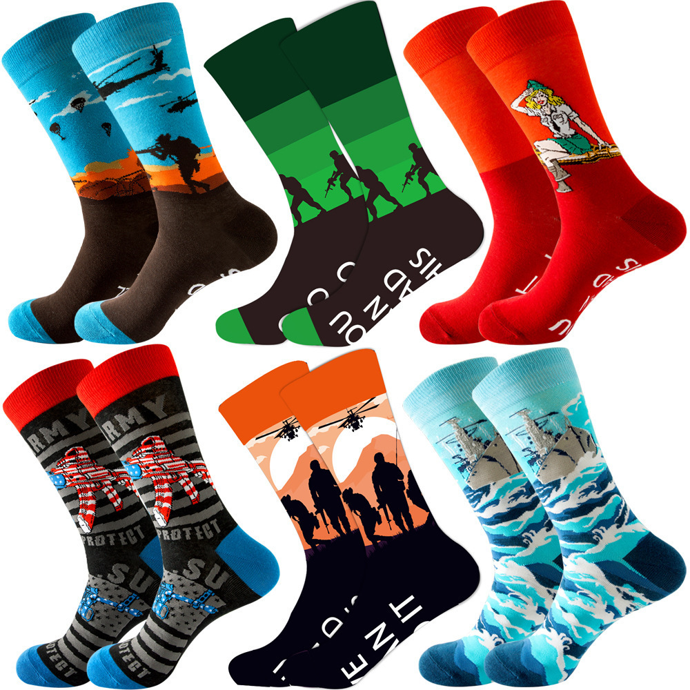 New Designs Professional Happy Soldiers Fighting Gun Bullets Custom Colorful Jacquard Funny Socks Cotton Crew Women Man Socks