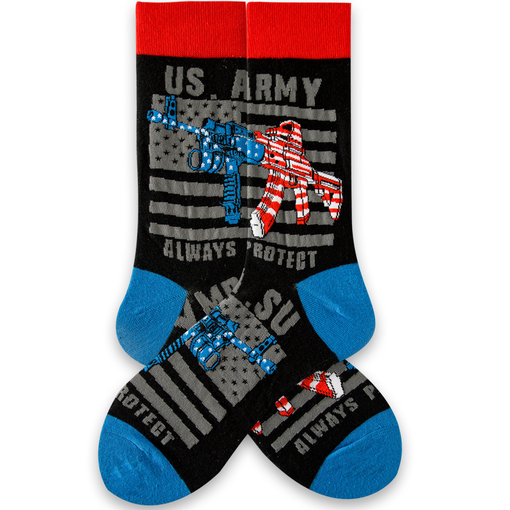 New Designs Professional Happy Soldiers Fighting Gun Bullets Custom Colorful Jacquard Funny Socks Cotton Crew Women Man Socks