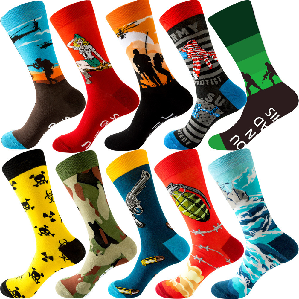 New Designs Professional Happy Soldiers Fighting Gun Bullets Custom Colorful Jacquard Funny Socks Cotton Crew Women Man Socks