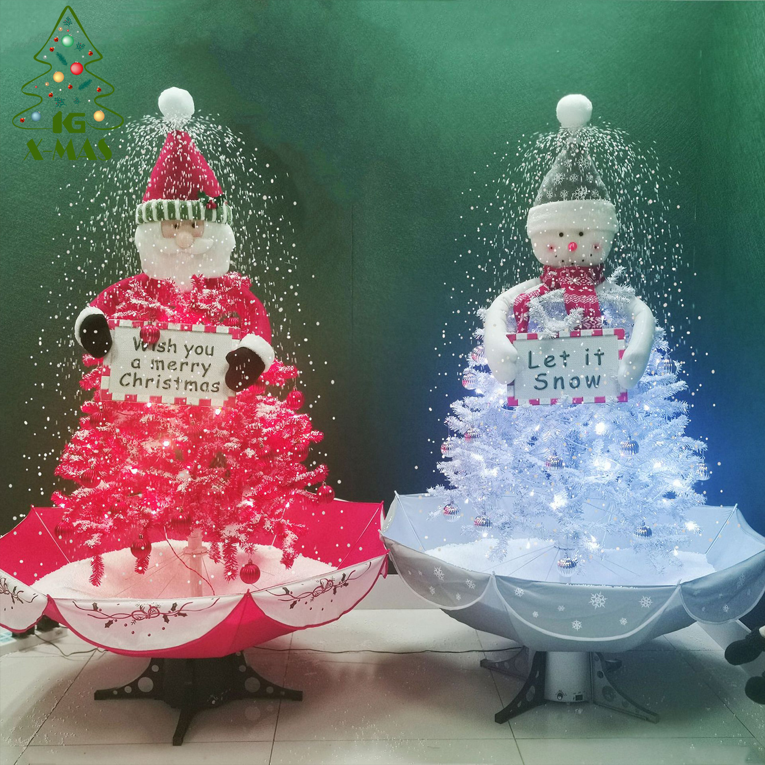 KG Xmas New Products Noel Natal Navidad 170cm Red White Snowman Umbrella Shape Base Led Lighted Electric Christmas Snowing Tree