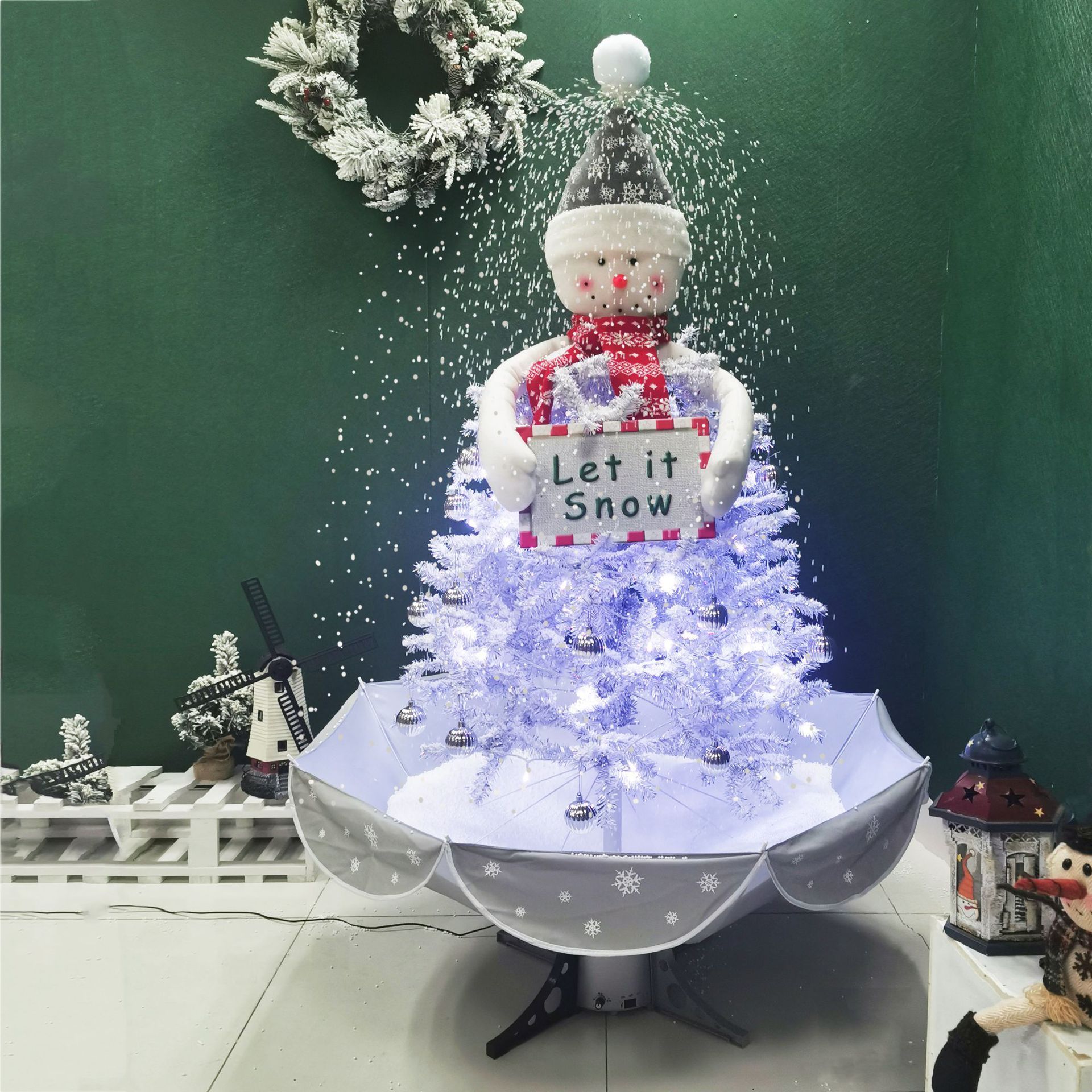 KG Xmas New Products Noel Natal Navidad 170cm Red White Snowman Umbrella Shape Base Led Lighted Electric Christmas Snowing Tree