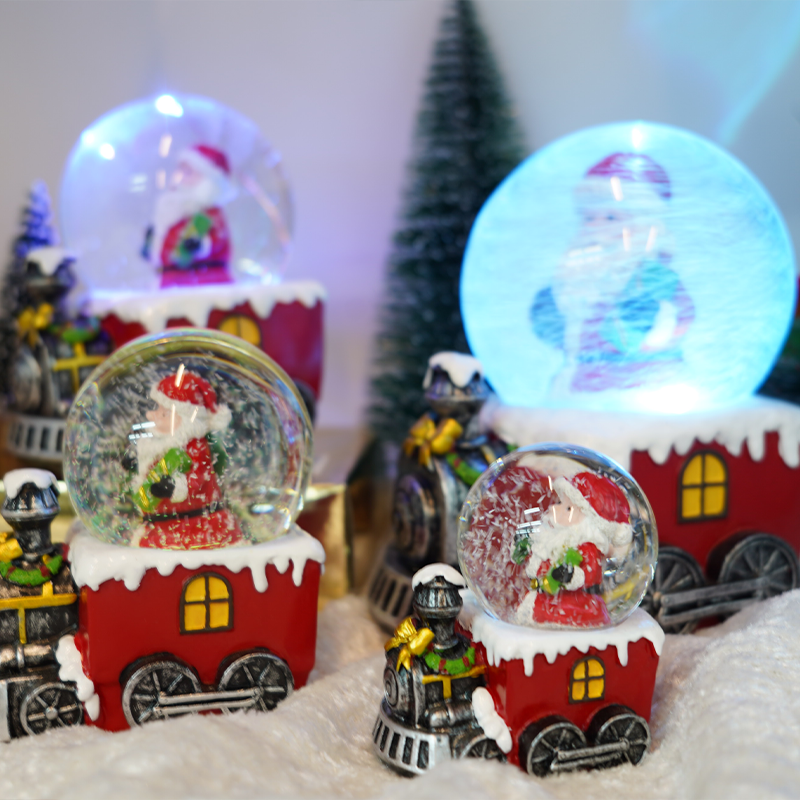 KG Xmas Resin Crafts Noel Navidad Natale Train Style Christmas Crystal Snowball Mucical Christmas Snow Globe With Light