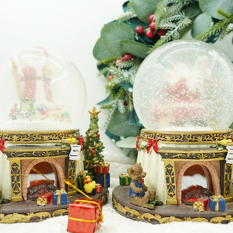 KG Xmas Noel Navidad Natale 18cm Santa Statue Water Globe Musical Lighted Christmas Snow Globe With Fireplace Base And Blower