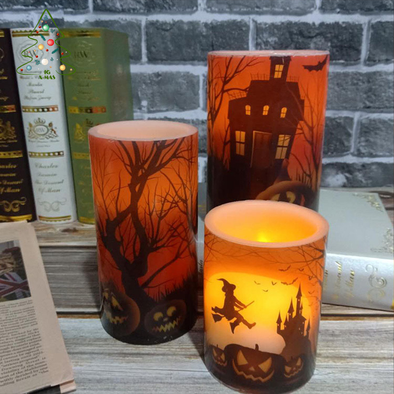 KG Xmas Wholesale Vela LED Halloween Orange Flameless Candles Flickering Battery Operated Pillar Wax Candles With Remote Timers