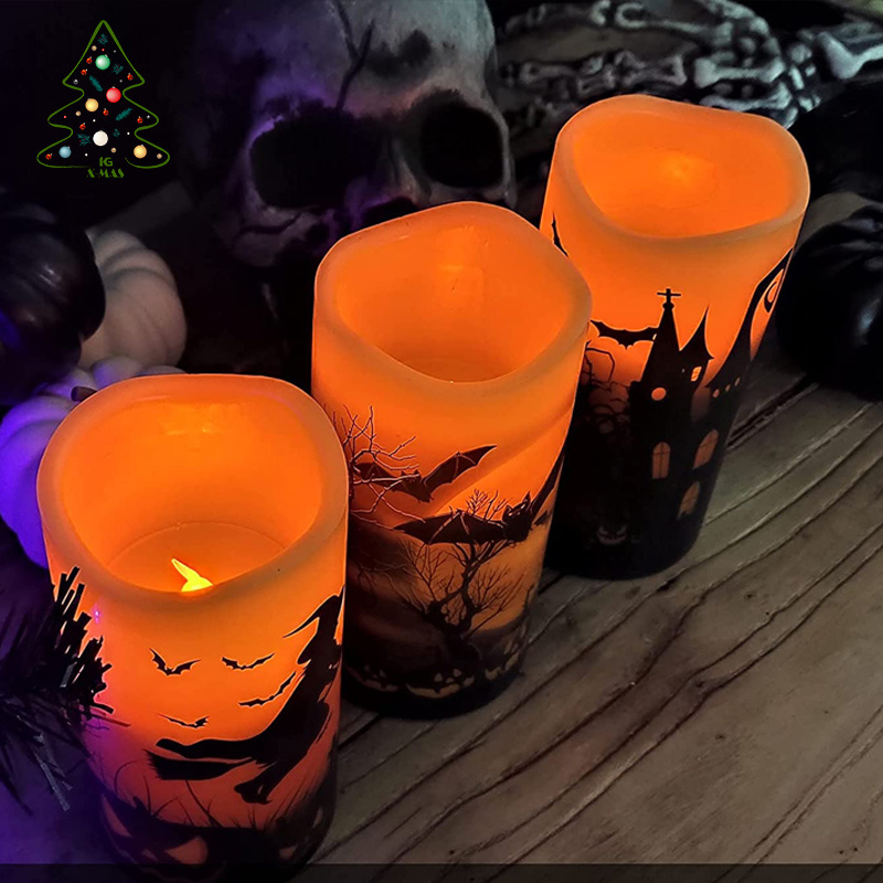 KG Xmas Wholesale Vela LED Halloween Orange Flameless Candles Flickering Battery Operated Pillar Wax Candles With Remote Timers