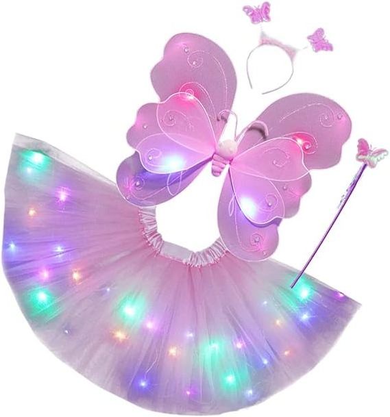 Light Up Tutu Skirt Set Fairy Angel Wings Headband Wand Lighted Angel Dress Costume Butterfly Angel Cosplay Party Supplies