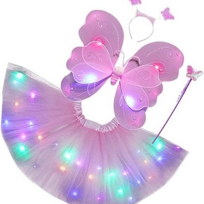 Light Up Tutu Skirt Set Fairy Angel Wings Headband Wand Lighted Angel Dress Costume Butterfly Angel Cosplay Party Supplies