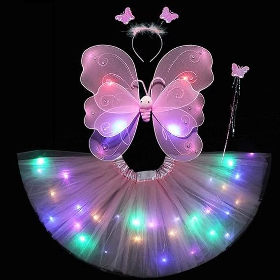 Light Up Tutu Skirt Set Fairy Angel Wings Headband Wand Lighted Angel Dress Costume Butterfly Angel Cosplay Party Supplies