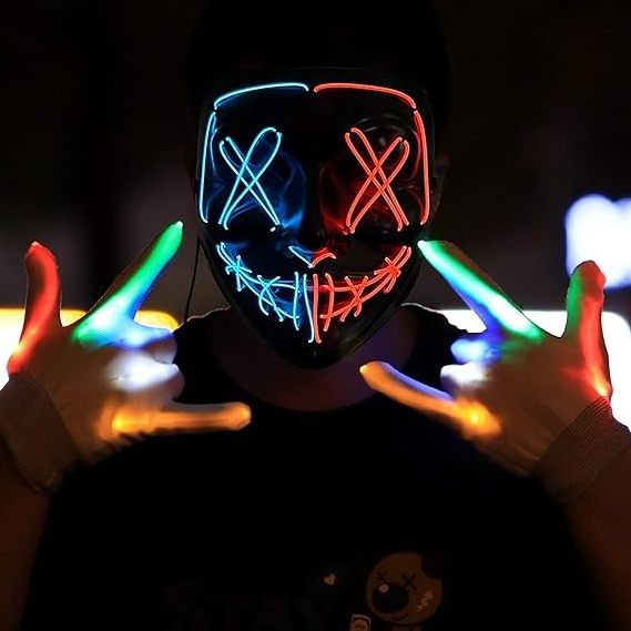 LED Mask with Skeleton Gloves Light up Scary Mask Halloween Costumes for Kids Adults Gifts Anonymous Mask Festival Cosplay