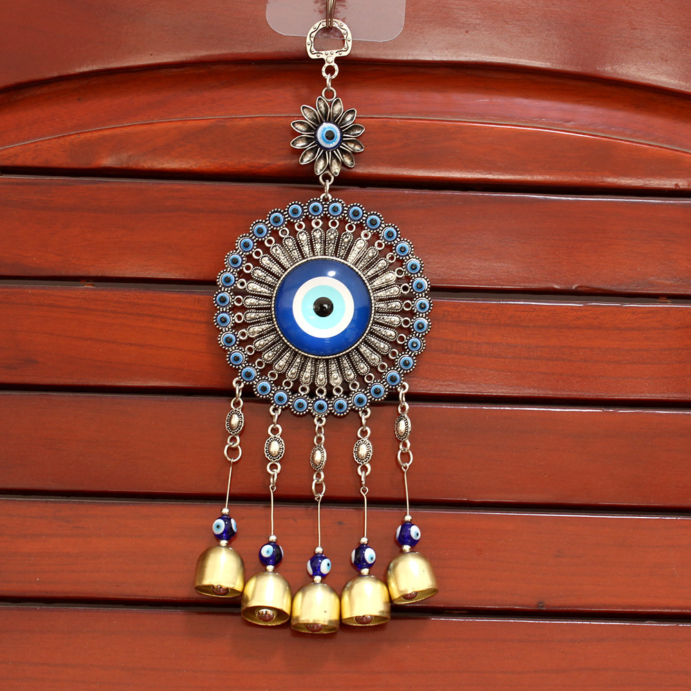 Kingcome New Glass Blue Devil's Eye Bell Pendant Wall Hanging Small Sunflower Evil Eyes Wind Chime Home Door Window Decor