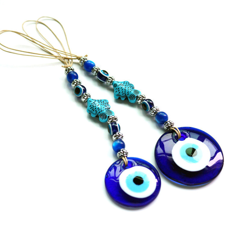 Kingcome Blue Devil's Eye Ornament Fish Shape Round Glass Evil Eyes Pendant Wall Hanging Decorations