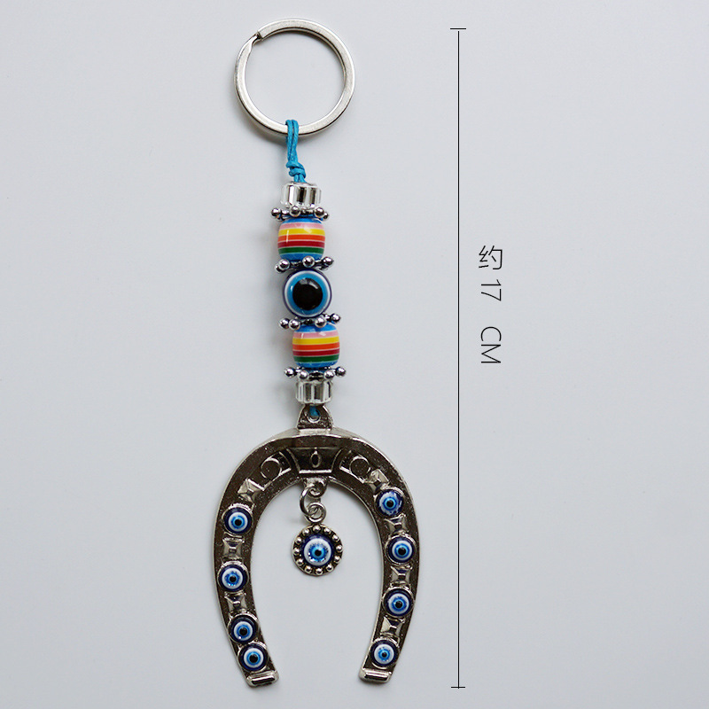 Winter New Greek Turkish Blue Eyes Devil's Eye Ornament Metal Horseshoe Pendant Keychain Wall Decorative Hangings