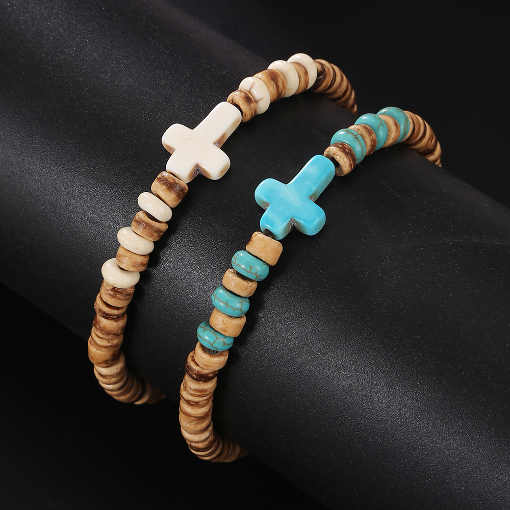 Kingcome Men's Hip Hop Handmade Beaded Stretch Wood Bracelets Hot Sale Coconut Shell Wood Piece Turquoise Cross Bracelet