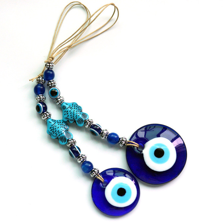 Kingcome Blue Devil's Eye Ornament Fish Shape Round Glass Evil Eyes Pendant Wall Hanging Decorations