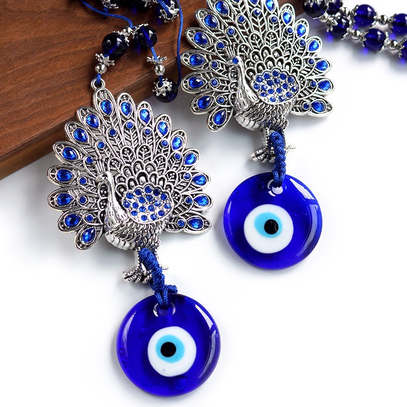 Kingcome Turkish Greek Blue Eyes Glass Car Hanging Wall-hung Decorative Evil Eyes Peacock Shape Wall Hanginh Decoration