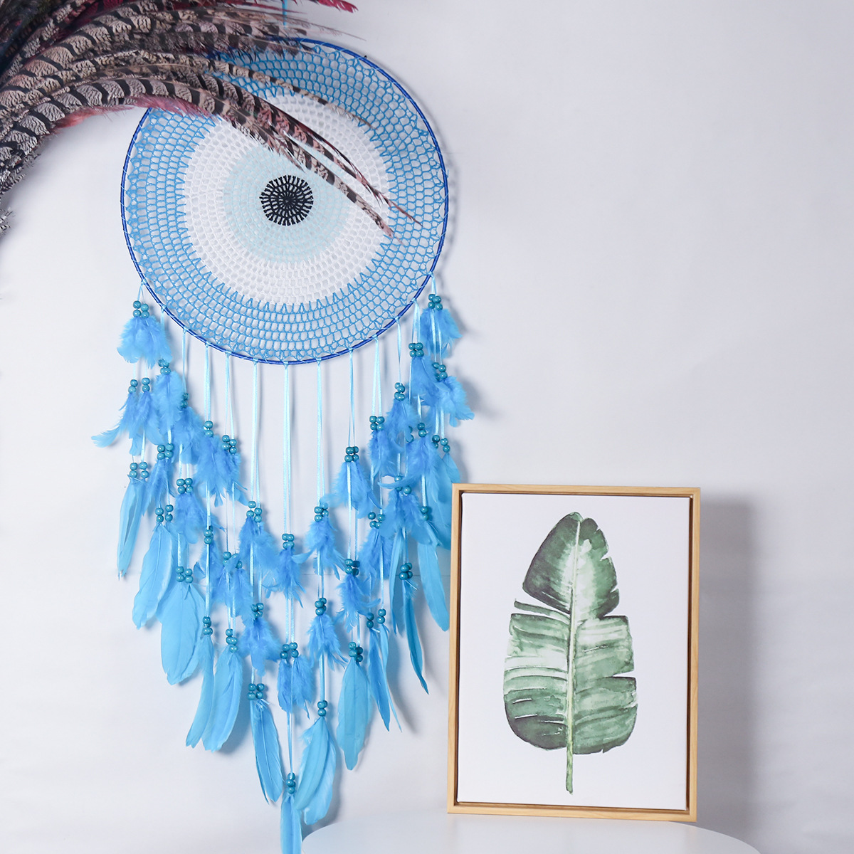 Kingcome Large Dream Catcher Wall Decor for Bedroom Boho Evil Eyes Dream Catcher Blue Turquoise Feather Macrame Wall Hanging