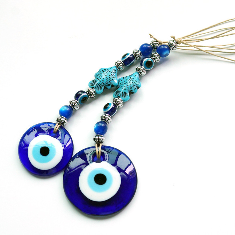 Kingcome Blue Devil's Eye Ornament Fish Shape Round Glass Evil Eyes Pendant Wall Hanging Decorations