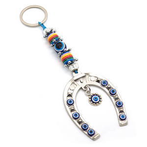 Winter New Greek Turkish Blue Eyes Devil's Eye Ornament Metal Horseshoe Pendant Keychain Wall Decorative Hangings