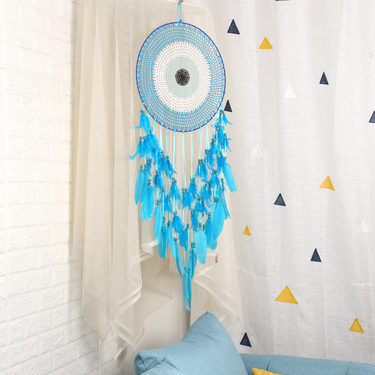 Kingcome Large Dream Catcher Wall Decor for Bedroom Boho Evil Eyes Dream Catcher Blue Turquoise Feather Macrame Wall Hanging