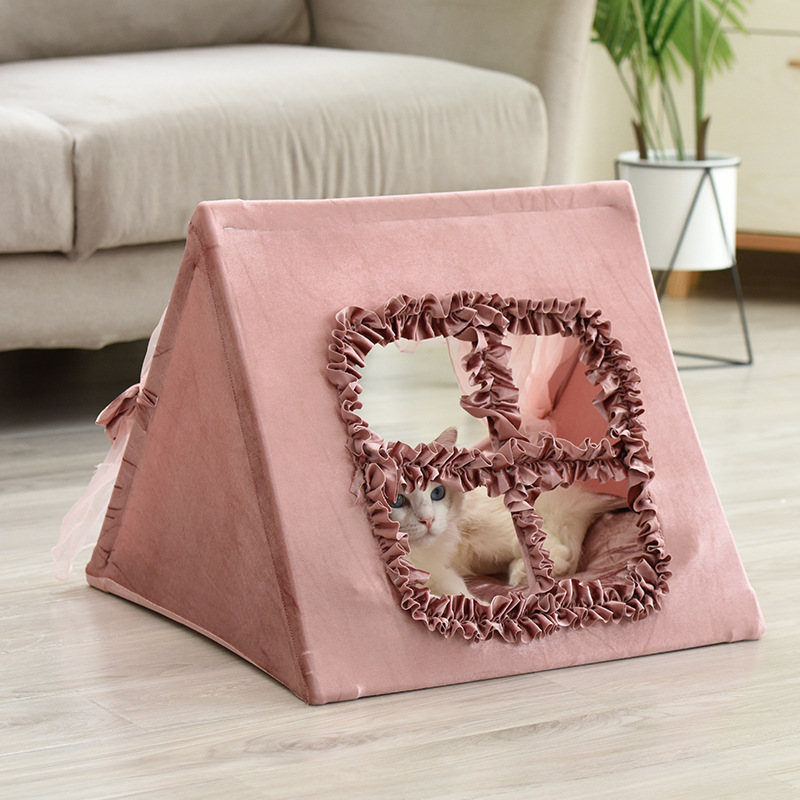 Wholesale Custom Pet Teepee Tent Pine Wood Cotton Linen Cave Bed Dog Cat Tipi House Bed Tents