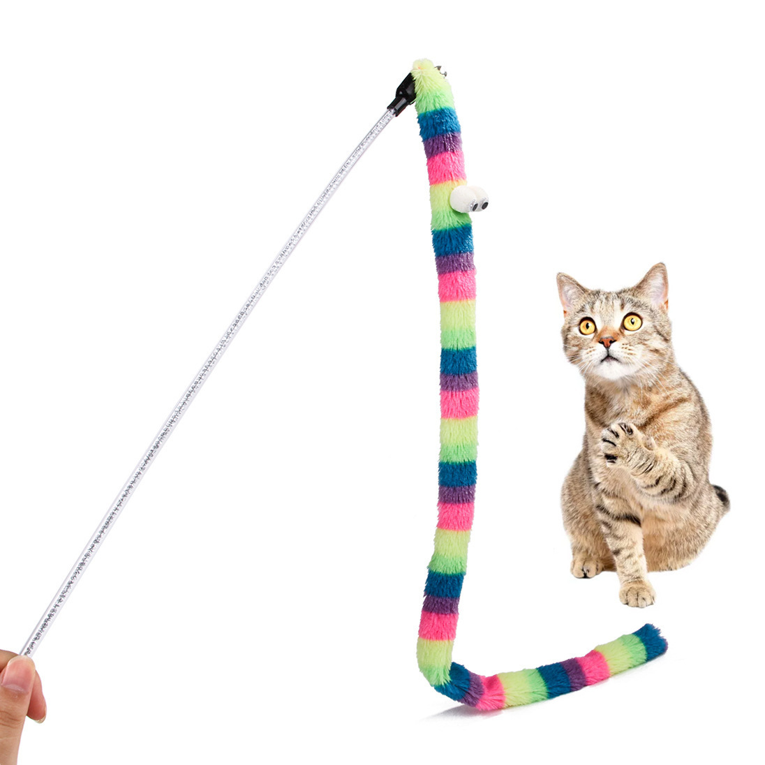 Rainbow Soft Long Plush Cat Toy Wand Interactive Cat Teaser Wand String Colorful Fabric Ribbon Safe Flexible Exercise Toy