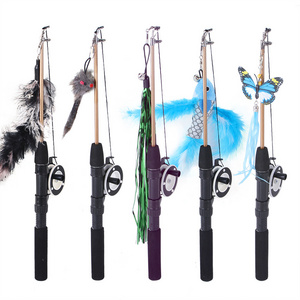 Retractable Cat Teaser Wand Toy, Cat Toys for Indoor Outdoor Cats Interactive Fishing Rod with 5 Pcs Refills Feather Toy