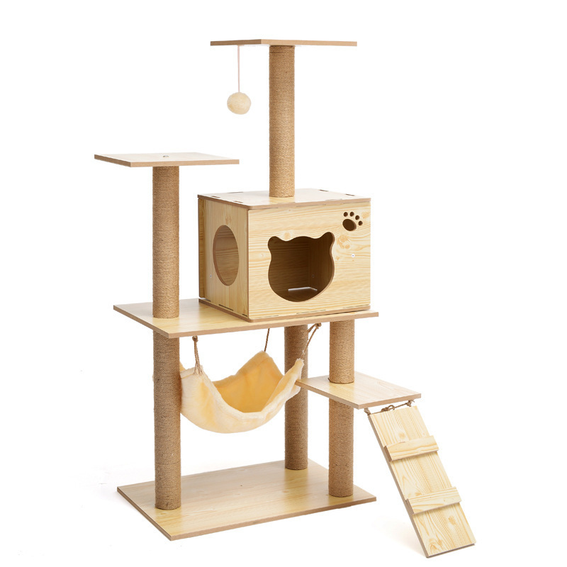 House Tower Condo Scratcher Wooden Big Climbing Cats Tree Parts With Hammock