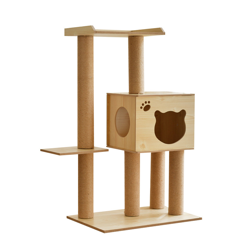 House Tower Condo Scratcher Wooden Big Climbing Cats Tree Parts With Hammock