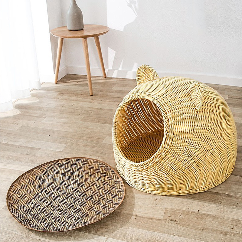 Dog Cat Kennel In Home Replaceable Covers Handmade Generic Rattan Woven Semi Enclosed Pet Villa Cat Nest House Dog Bed