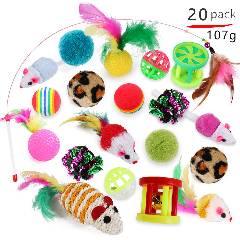 21 PCS Cat Toys Kitten Toys Set, Collapsible Cat Tunnels for Indoor Cats, Interactive Cat Feather Toy Fluffy Mouse Crinkle Balls