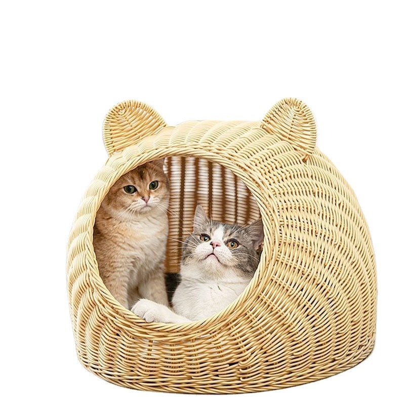 Dog Cat Kennel In Home Replaceable Covers Handmade Generic Rattan Woven Semi Enclosed Pet Villa Cat Nest House Dog Bed