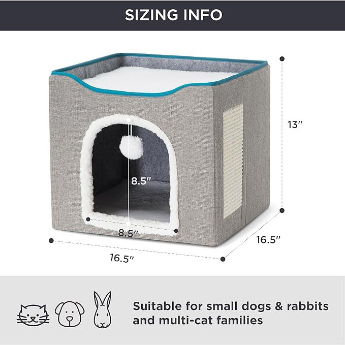 KINGHON Large Cave accessories Scratch Pad Grey Foldable Cat Hideaway Pet Cat House Indoor Cats Beds with Fluffy Ball Hanging